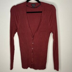 Torrid Women Cardigan Size 1 1X Burgundy Ribbed Knit Button Long Sleeve Academia